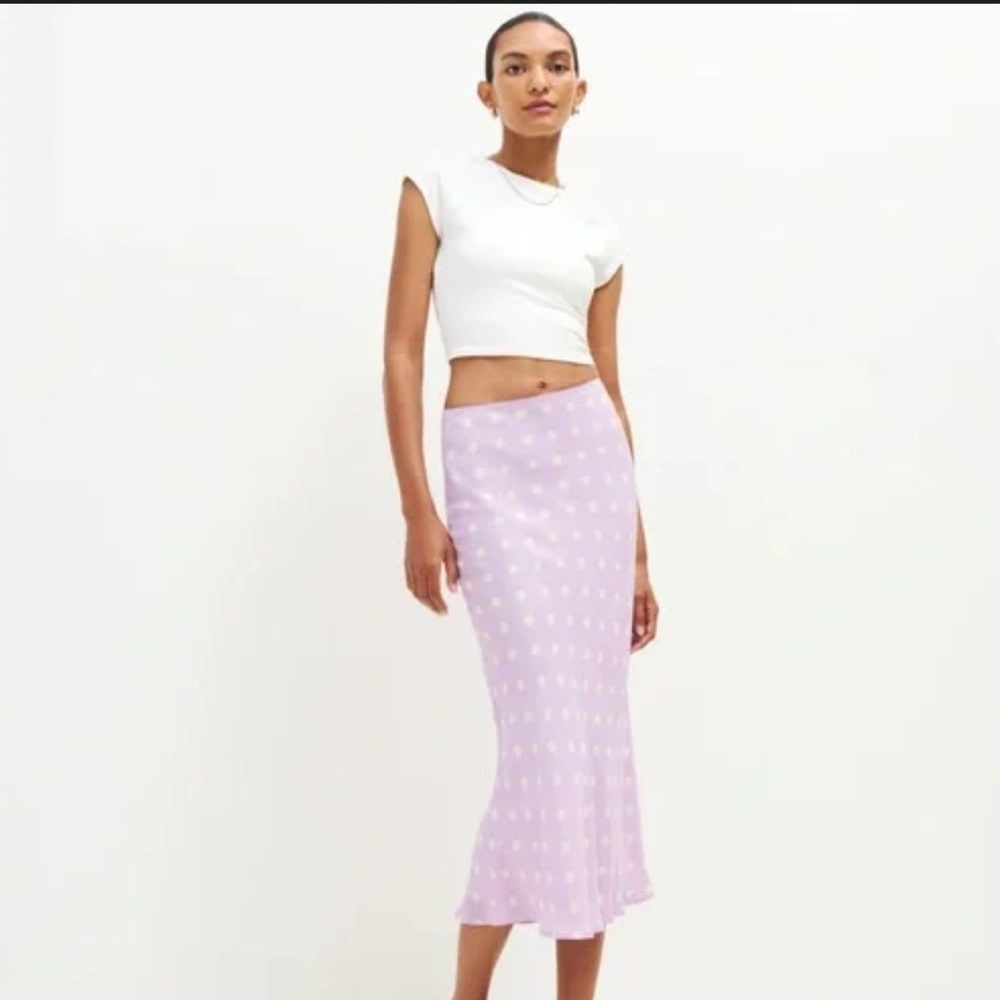 Reformation Lavender Midi Skirt with Cream Polka Print